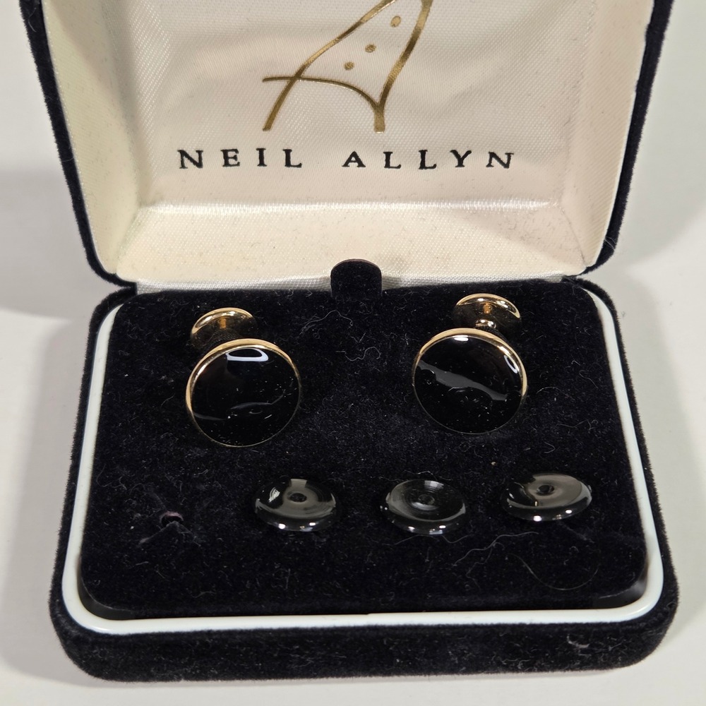Neil Allyn Cufflinks and Shirt Studs Set Black Gold Tone Formal Wedding Tuxedo - Picture 3 of 3